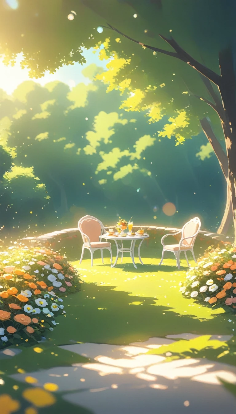 landscape Afternoon Tea, Flower garden Cozy,Orange Pink ,There are no human characters,No people
