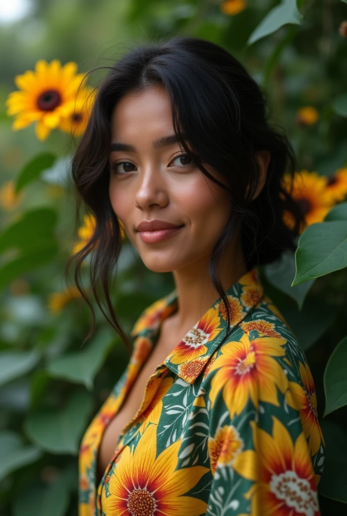 A Brazilian woman in a lush tropical garden, wearing an open shirt with a floral print, with a close-up capturing the harmonious beauty between her breasts and the natural flowers, showing off your natural charm and outgoing personality.