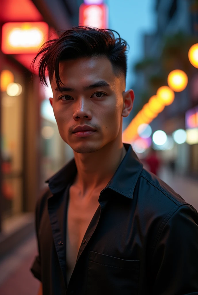 Model man Indonesia cool fashion shirt and undercut hair in Jakarta lamp aesthetic ultra hd 4k