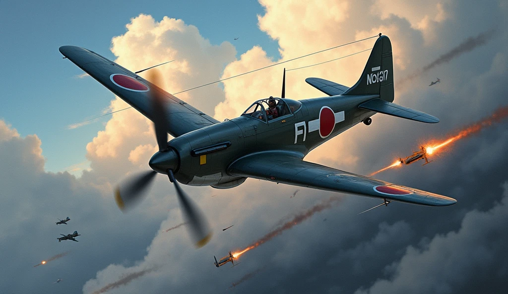 1500; (masterpiece, best quality) destroyed sky; battle in the air; war planes of 1940; Republic P-47 Thunderbolt vs. Nakajima Ki-43