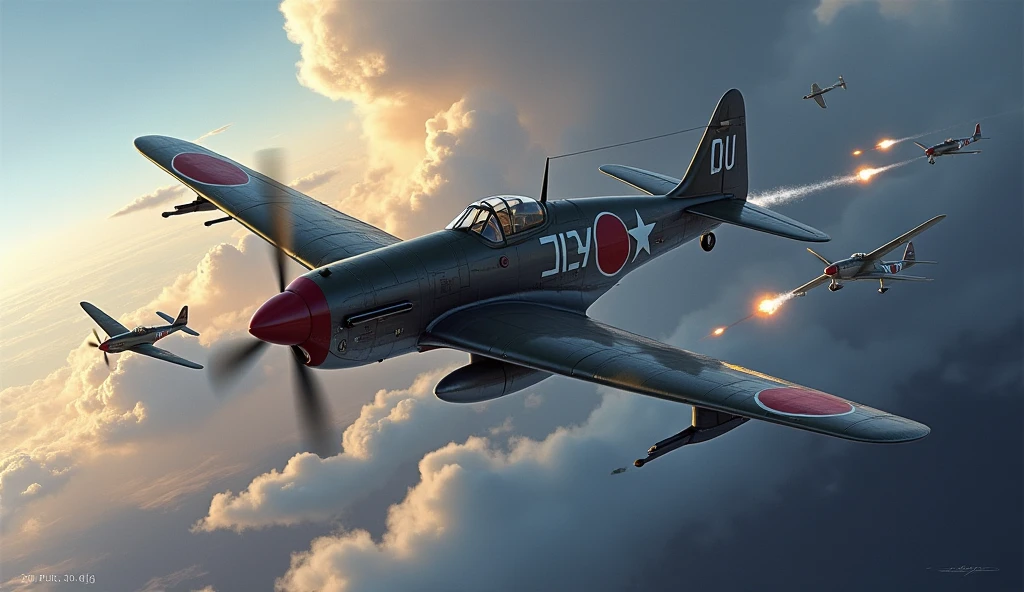 1500; (masterpiece, best quality) destroyed sky; battle in the air; war planes of 1940; Republic P-47 Thunderbolt vs. Nakajima Ki-43