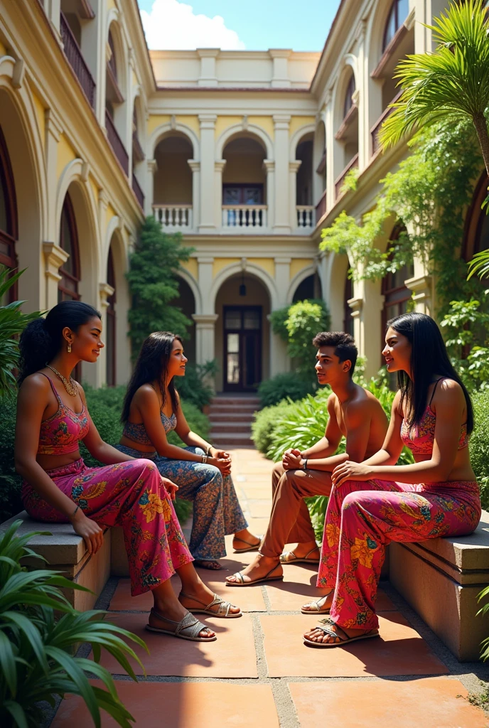 Young people 18 to 2, light skin urban clothing with crazy designs Sitting in the courtyard of the music school straight hair Latin features and characteristics