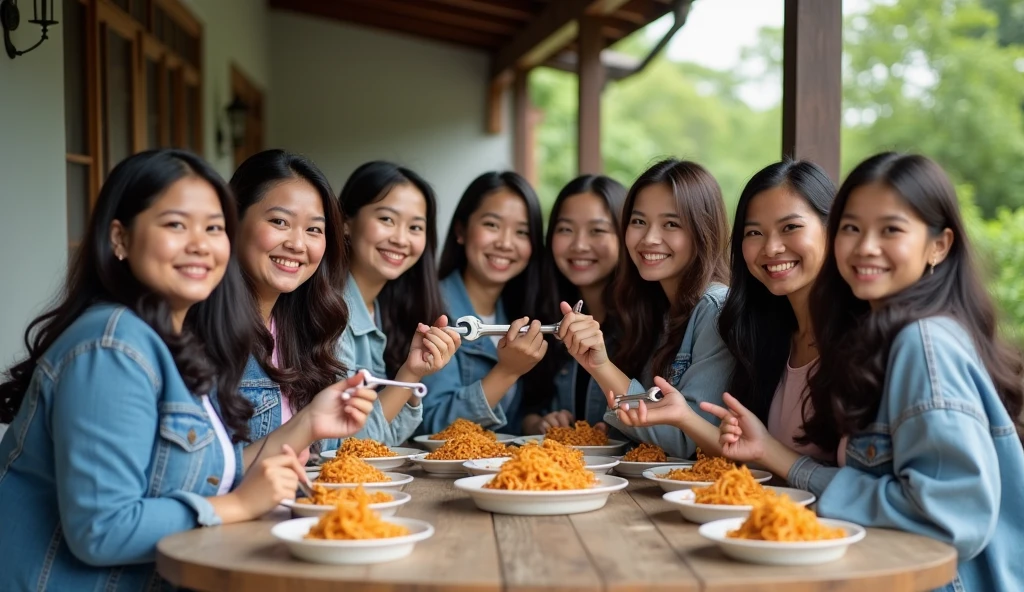 7 Beautiful Indonesian Women, his body is quite fat, fair skin, big nose, long wavy hair, wearing a denim jacket, long pants, wearing pink sneakers, sit down, eating position, on the table there are chicken noodles, all hands holding a giant wrench, happy face facing the camera, in front of the country house, morning mood, minimal defects, very detail, realistic, 8K picture