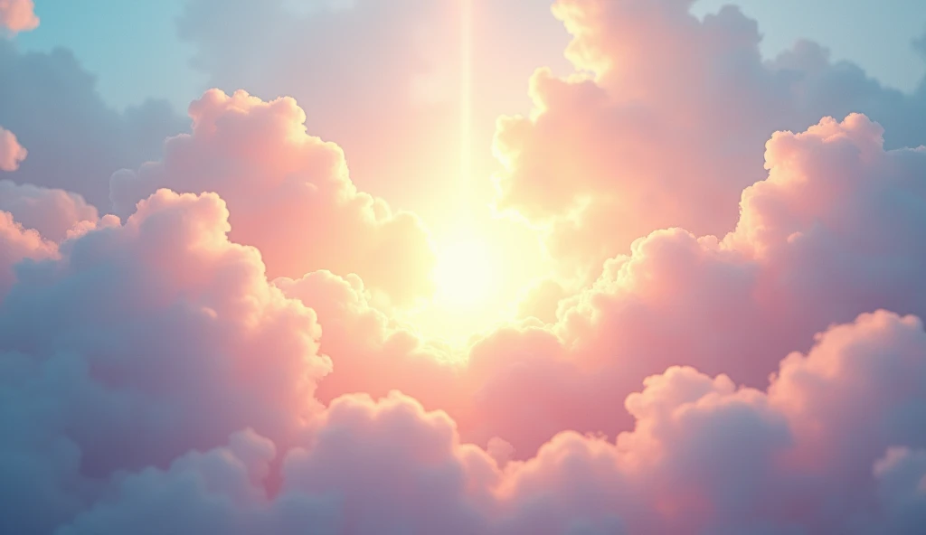 A serene celestial light shining from clouds, pastel colors (light pink, cerulean, doradas), Mystic aura