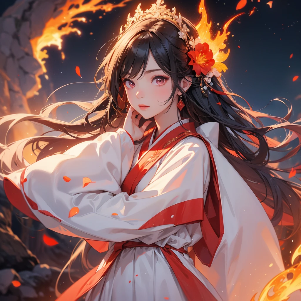 A beautiful female in white hanfu dress holding a big and long sword in the middle of Background is a volcano, lava erupting red, close up.