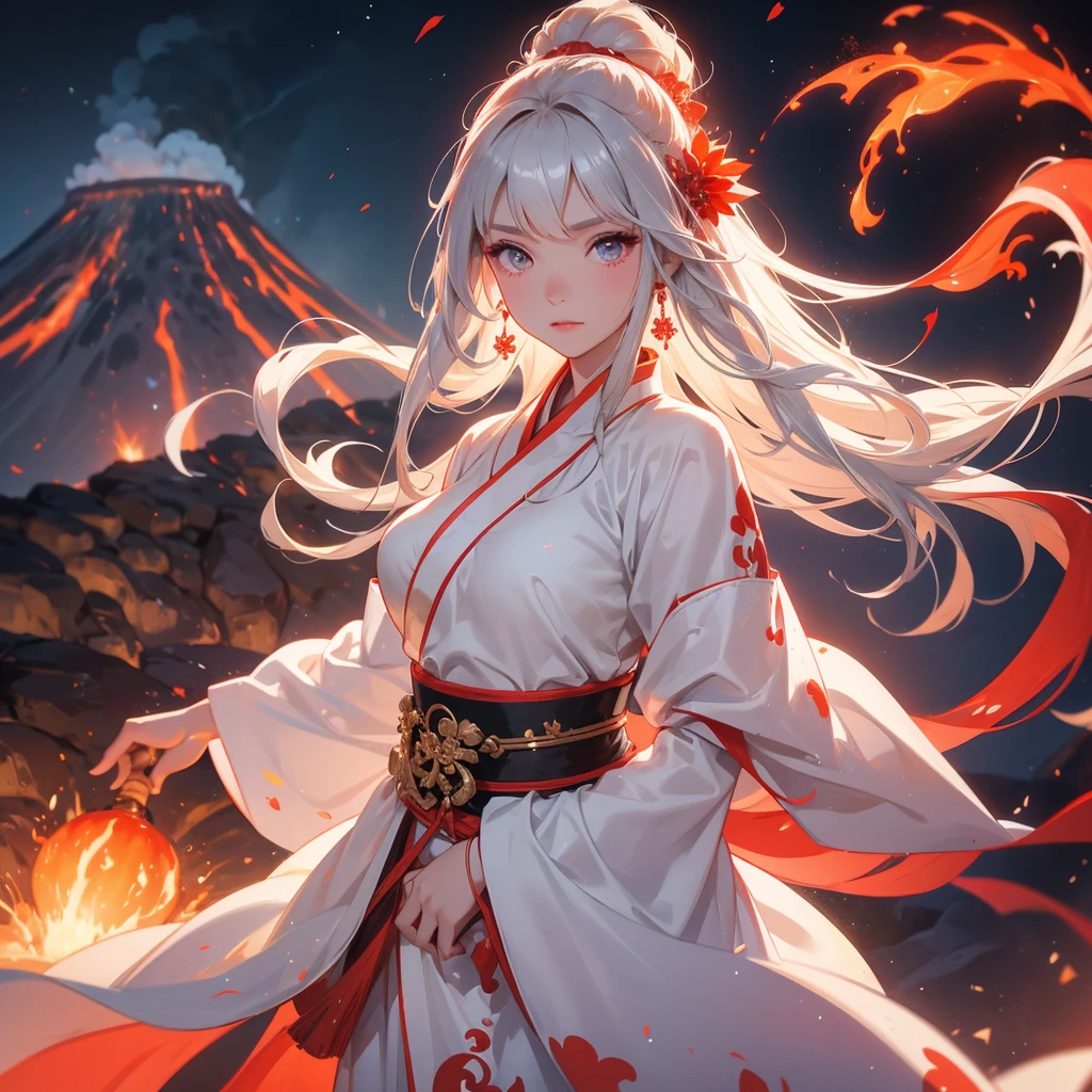 A beautiful female in white hanfu dress holding a big and long sword in the middle of Background is a volcano, lava erupting red, close up.