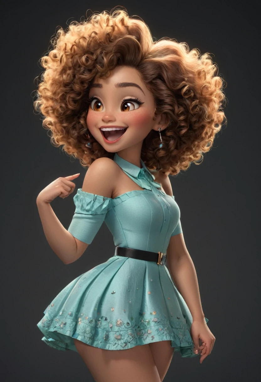 woman (((Afro latin, LIGHT curly HAIR, light brown hair, brown eyes))), ((((beaut curly hair, long hair, cached hair)))), (((fat))), very fat, shummi, front,front, ((very happy expression))), laugh, ((high dressed)), (((black background, black background color))) ((pixar style))