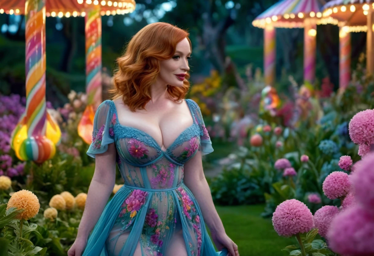 a detailed photo of Christina Rene Hendricks in a sheer colorful gown without underwear, strolling through a candy land garden in full bloom on a moonlit night, sultry poses, mainly viewed from behind, best quality,4k,8k,highres,masterpiece:1.2,ultra-detailed,realistic,photo-realistic:1.37,HDR,UHD,studio lighting,ultra-fine painting,sharp focus,physically-based rendering,extreme detail description,professional,vivid colors,bokeh,portrait
