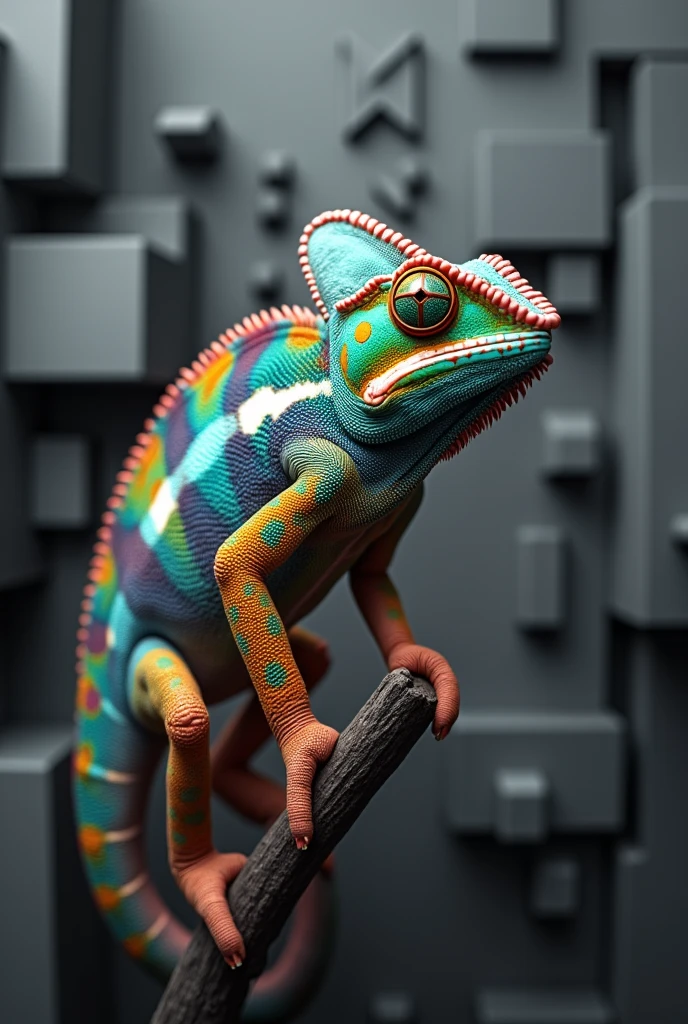 A macro close-up photo of a chameleon with a myriad of hues ranging from blues, purple, orange, and greens to yellows and whites. The chameleon is perched on a slender branch, its eyes wide open, displaying a striking green. The backdrop is a complex maze of grayscale geometric shapes, including rectangles, triangles, and cubes, creating an illusion of depth and complexity. The juxtaposition of the colorful chameleon against the monochromatic background creates a striking contrast, emphasizing the chameleon's vibrancy.