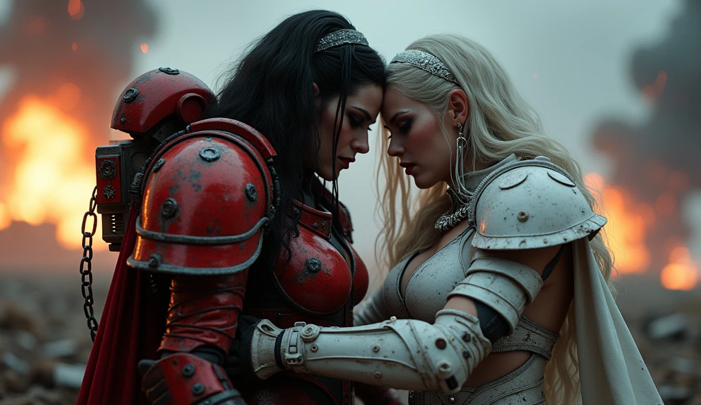 Full body pose sexy sisters of battle from the warhammer 40k, carrying her wounded sister, red space marine armor with intricate details, white space marine armor with intricate details, symbols on the armor, sisters of battle, warhammer 40k, Massive exposed silicone breast, pale skin, seductive, temptation, eat your soul, clevage, long white flowing hair, long black flowing hair with purple highlights, heavy gothic makeup, at night, neon, beautiful detailed eyes, beautiful detailed lips, extremely detailed eyes and face, long eyelashes, highly detailed space marine armor, intricate futuristic laser weaponry, dramatic lighting, cinematic composition, muted color palette, gritty and realistic, mecha, science fiction, hyper-detailed, photorealistic, award winning digital art, 8k, HDR, masters work, in the middle of a battle field, explosions and fire around, full war, stunning, Stilleto heels, high heels, full body pose, cinematic, movie trailer, nemesis, dust and debree, fanatic, religious, sisters of battle, warhammer 40k, bimbo gigantic exposed breast, kissing, stilleto heels, cinematic light, cameltoe pussy, beautiful pussy, wet pussy, wet body, oiled body, gigantic breast, dynamic super sexy dynamic pose, sisters of battle from the warhammer 40K, passionate, helping her wounded sister, dramatic scene, crying in pain, revenge,