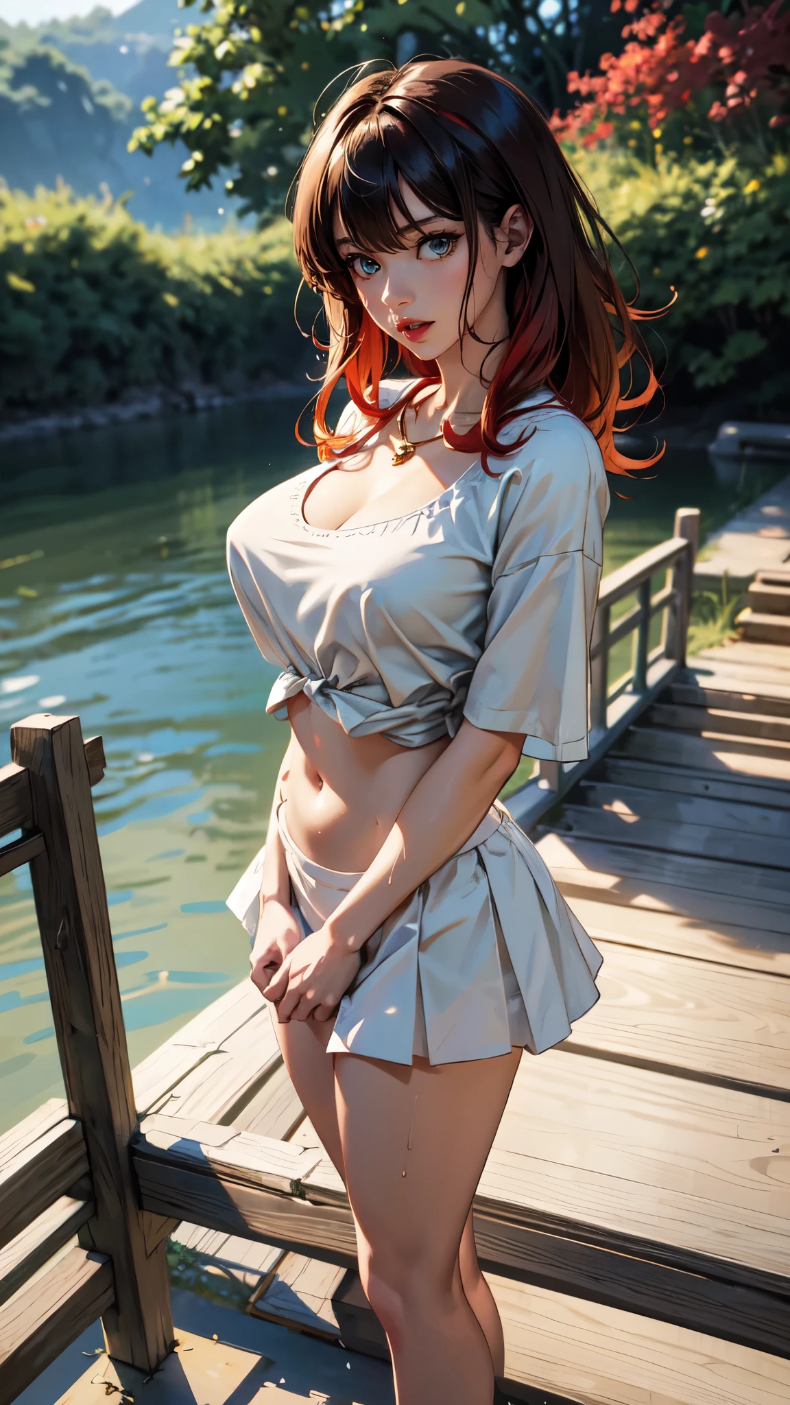 (masterpiece),(best quality:1.0), (ultra highres:1.0), detailed illustration, 8k, Anime-Series, 1 girl, beautiful Anime-Series girl, wearing a white top, Belly-free, a short skirt, pretty face, detailed face, Beautiful eyes, detailled eyes, olive green eyes, bright red lips, red lipstick, beautiful stylish hair, Highlights im Haar, bangs Anime-Series style, best quality, exhilarated, Full body, bright sunshine, Slightly open mouth, deep neckline, Golden chain, stands sideways, a dragon tattoo on the upper arm, Skin slightly tanned, stands on a bridge and leans on the railing ., wet hair,full body,detailed face, detailed hands, full body, long legs