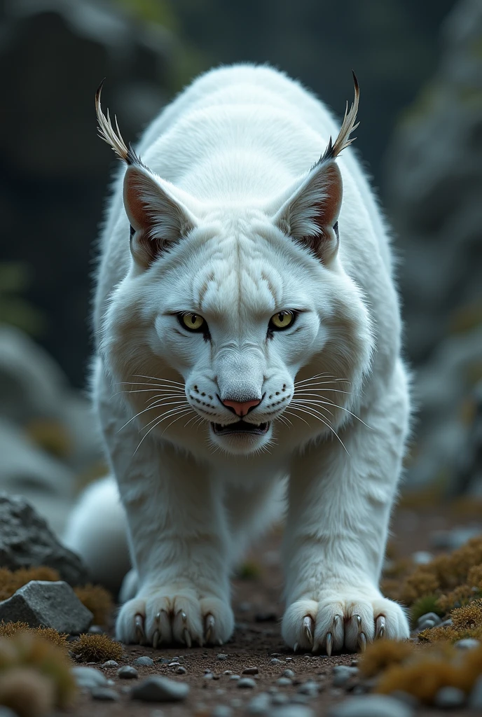 Single White lynxes seeing the viewer attacking position