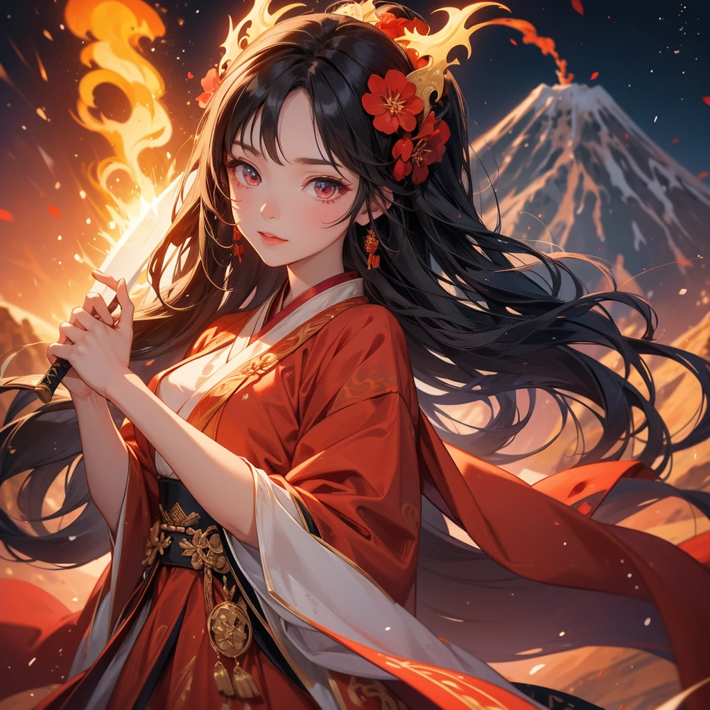 A beautiful female in hanfu dress holding a big and long sword in the middle of Background is a volcano, lava erupting red, close up.