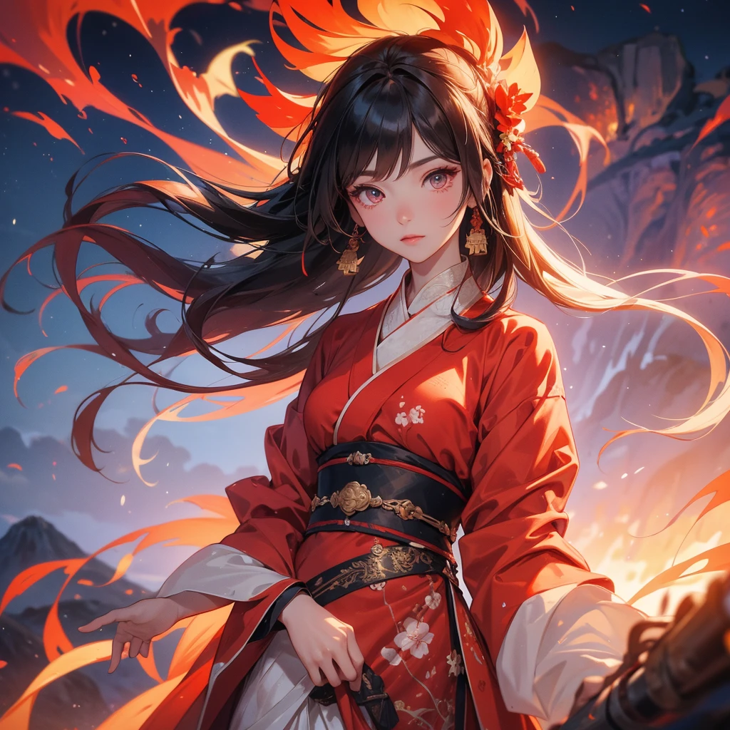 A beautiful female in hanfu dress holding a big and long sword in the middle of Background is a volcano, lava erupting red, close up.