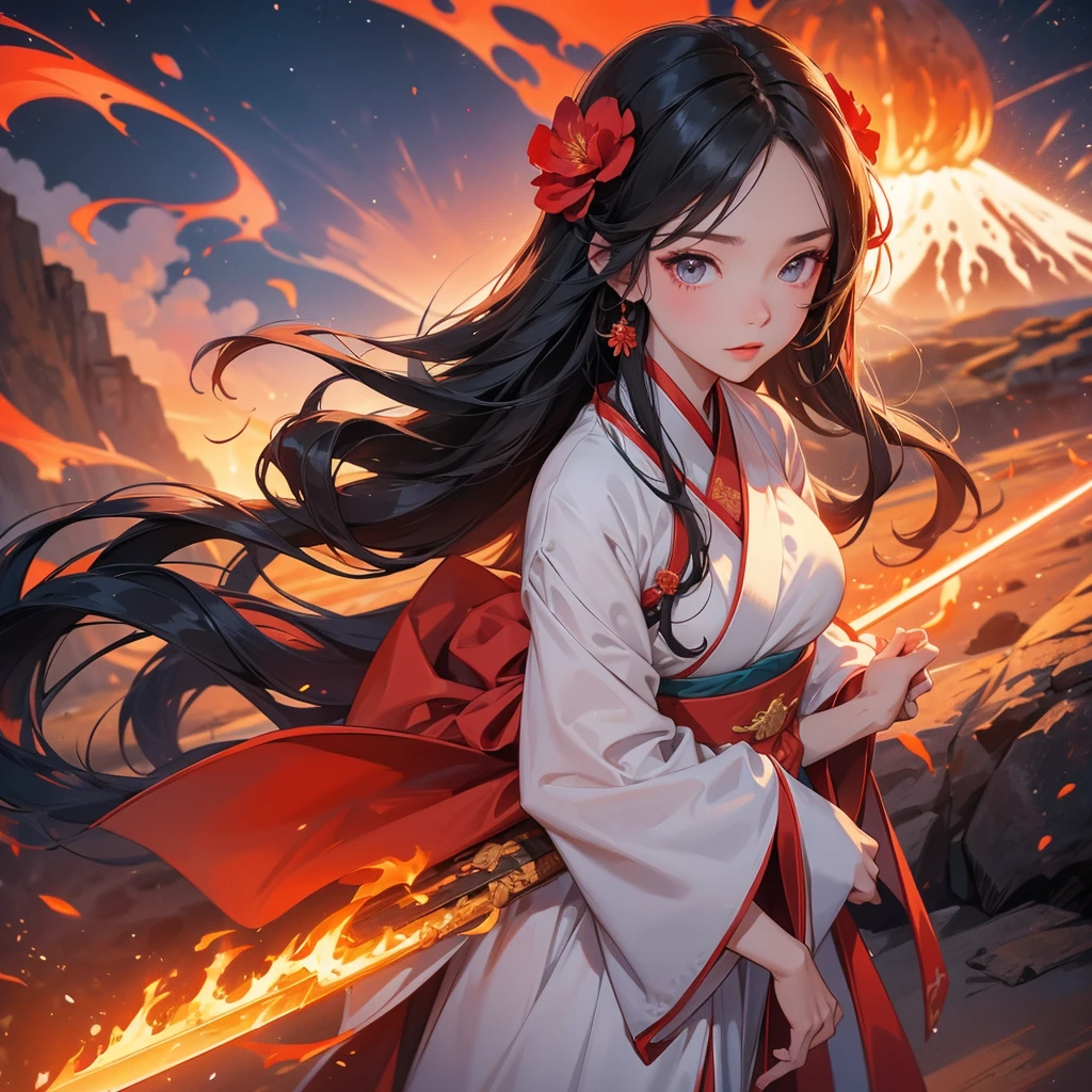 A beautiful female in hanfu dress holding a big and long sword in the middle of Background is a volcano, lava erupting red, close up.
