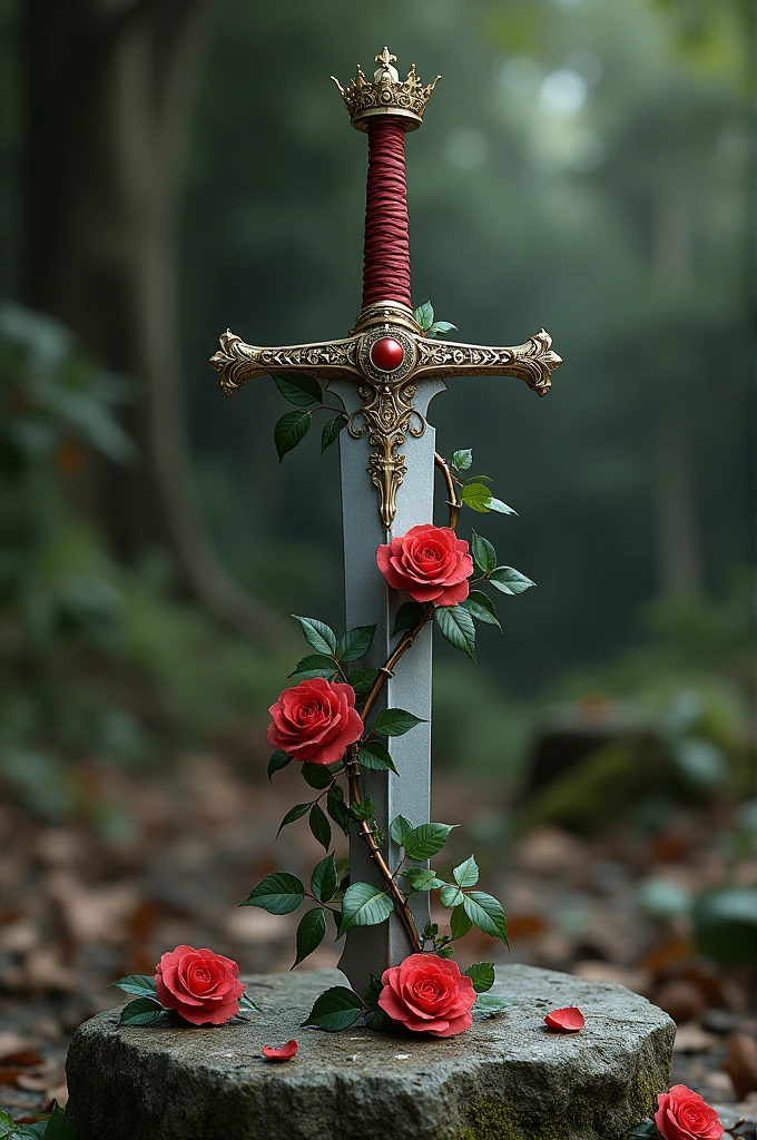 The sword Excalibur stuck in a stone with vines of roses entwined and a crown on the sword guard