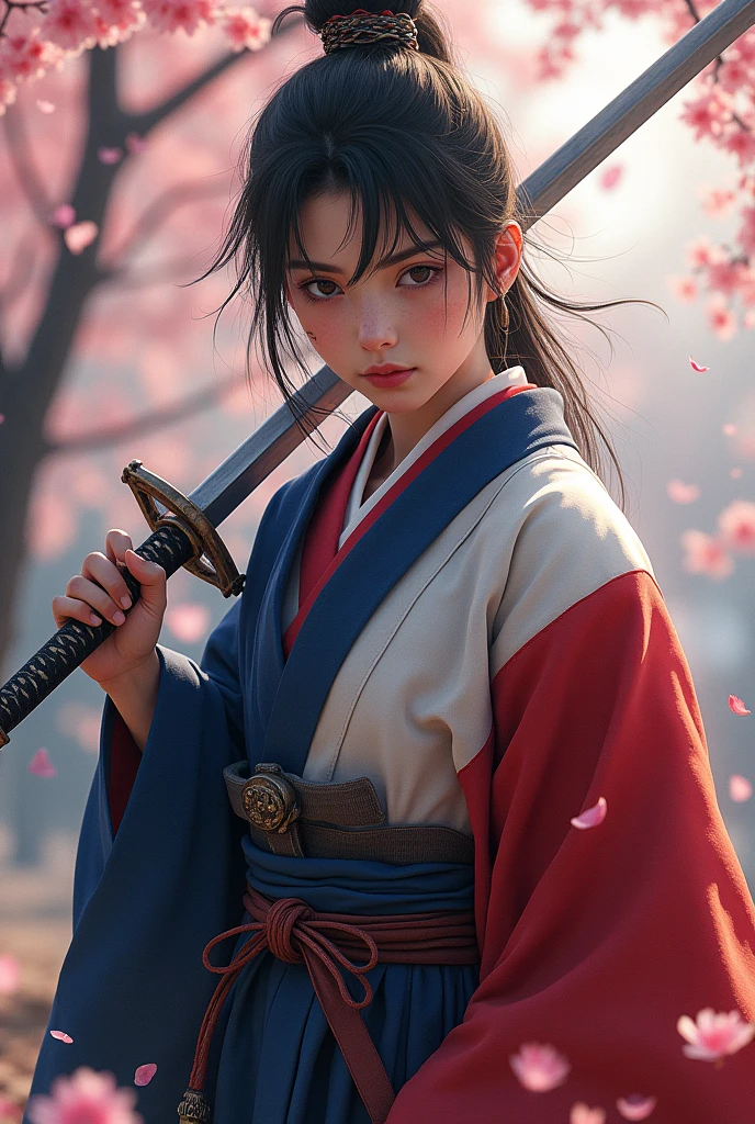 Hakama that evokes the image of the French flag、Brandishing his sword、After the battle、Very sensitive skin、I have a few freckles、SakuraFubuki、Also々Shii、Very detailed、