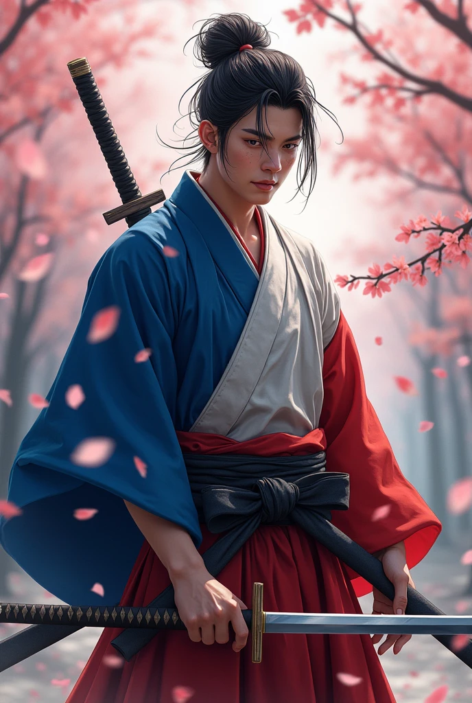 Hakama that evokes the image of the French flag、Brandishing his sword、After the battle、Very sensitive skin、I have a few freckles、SakuraFubuki、Also々Shii、Very detailed、