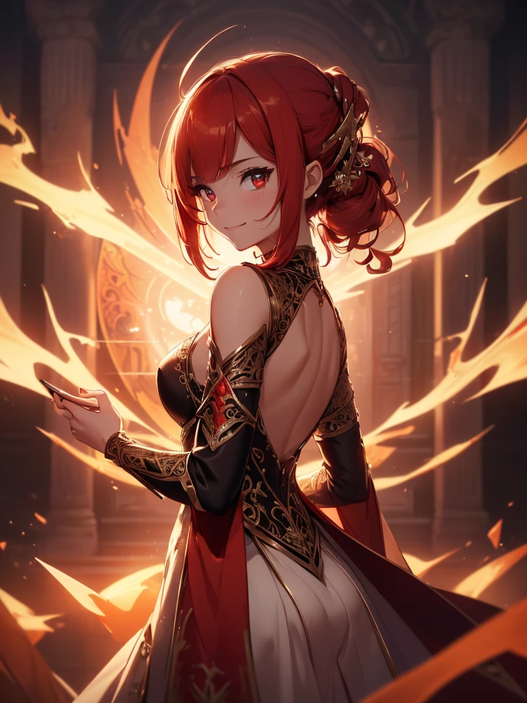 (((best quality, sharp image, clear image, cinematic lighting, 8k resolution, masterpiece, ultra detailed, intricate))) Girl, sorcerer, cute, intricate dress, smiling, fiery red, ((intricate background)), (rune frame), dimension, shot from behind. 