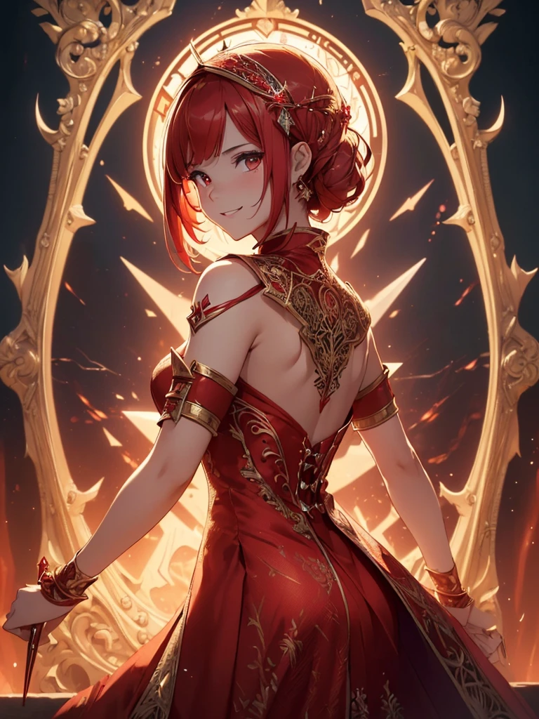 (((best quality, sharp image, clear image, cinematic lighting, 8k resolution, masterpiece, ultra detailed, intricate))) Girl, sorcerer, cute, intricate dress, smiling, fiery red, ((intricate background)), (rune frame), dimension, shot from behind. 