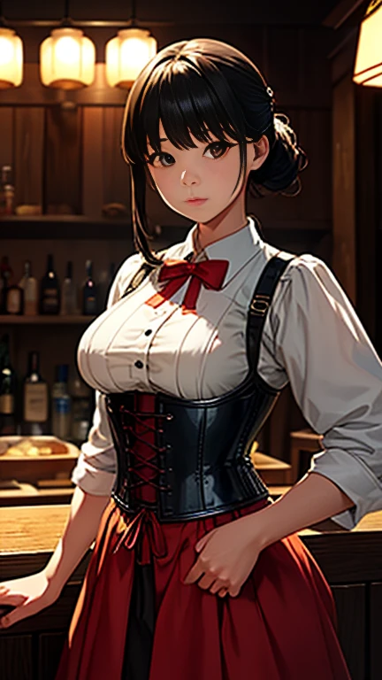 Otherworldly fantasy、waitress、Bar waiter、One Japanese woman、30 years old、Asymmetrical bangs、Medium length hair tied back、Medieval European casual clothing、corset、Cowboy Shot、background:Medieval European Taverns、uhd, anatomically correct, best quality, 8k