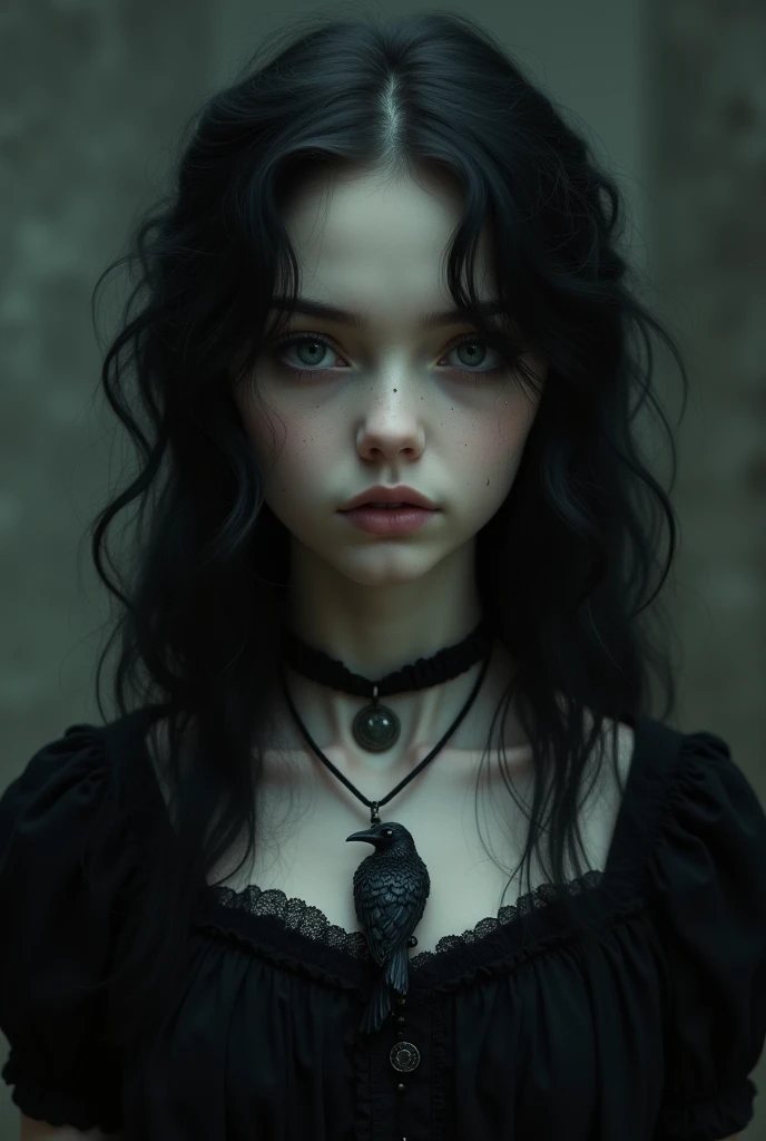 Create a , adolescent. she's pale, her eyes are gray and her hair is black and wavy. She wears a black, antique dress, wears a crow-shaped necklace and has a dark aura. 