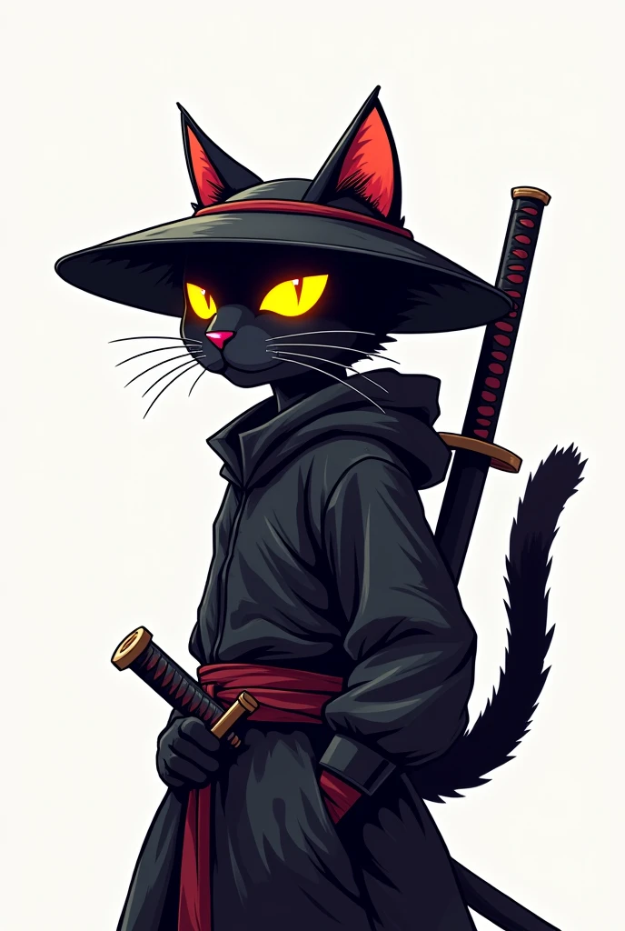 Anthramorphic cyberpunk ninja cat with glowing eyes He is turned one third to the viewer view slightly from the side Accessories: katana on your back, Japanese hat Minimalistic monochromatic background contrasting to focus attention on the character Bright style, stylized,cartoonish with clear expressive lines