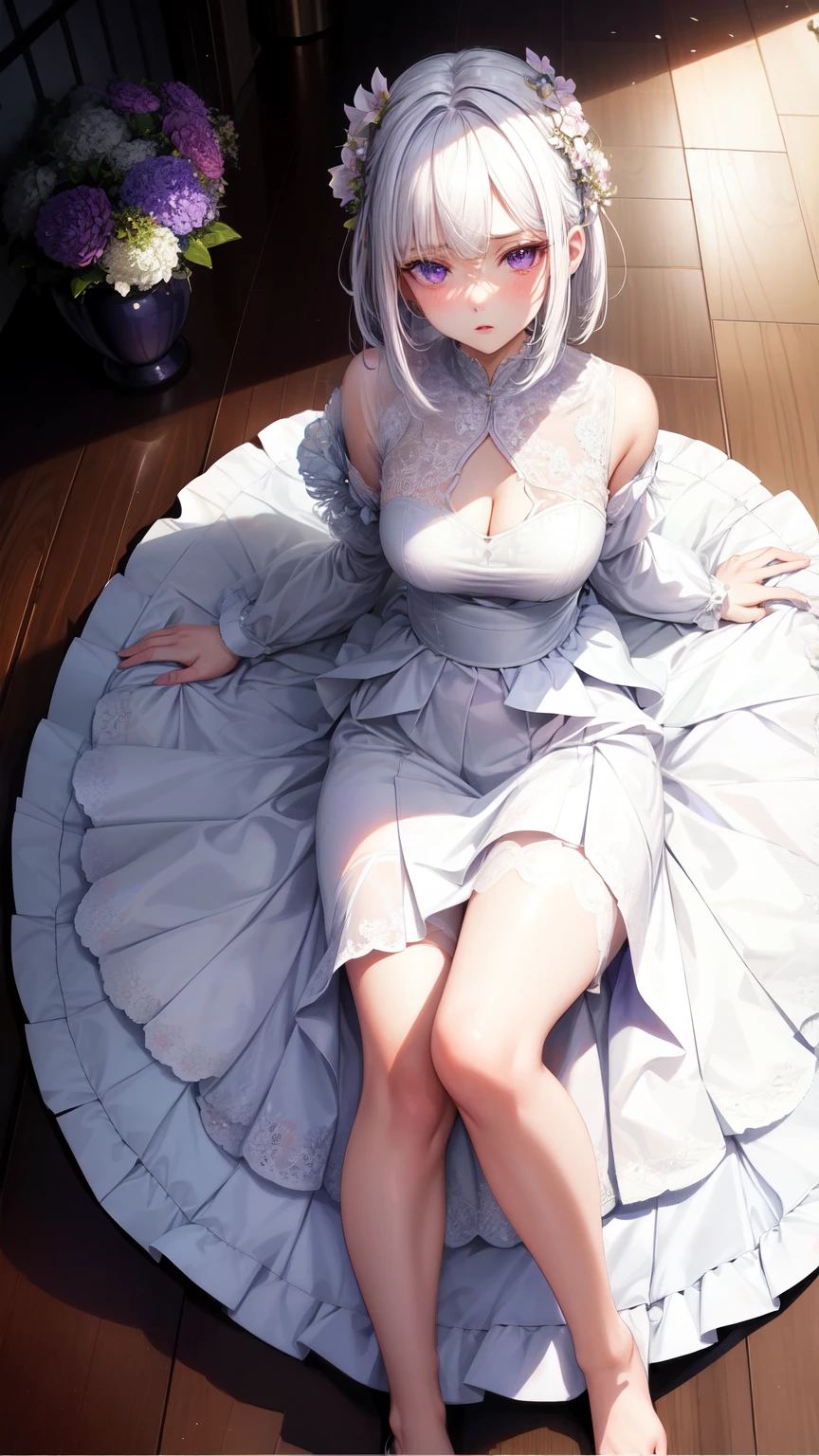realisitic, 1 girl, White hair, purples eyes, glare eyes, top cut, overskirt, parted lips, blush, natta, flowers, floor, floorlight,