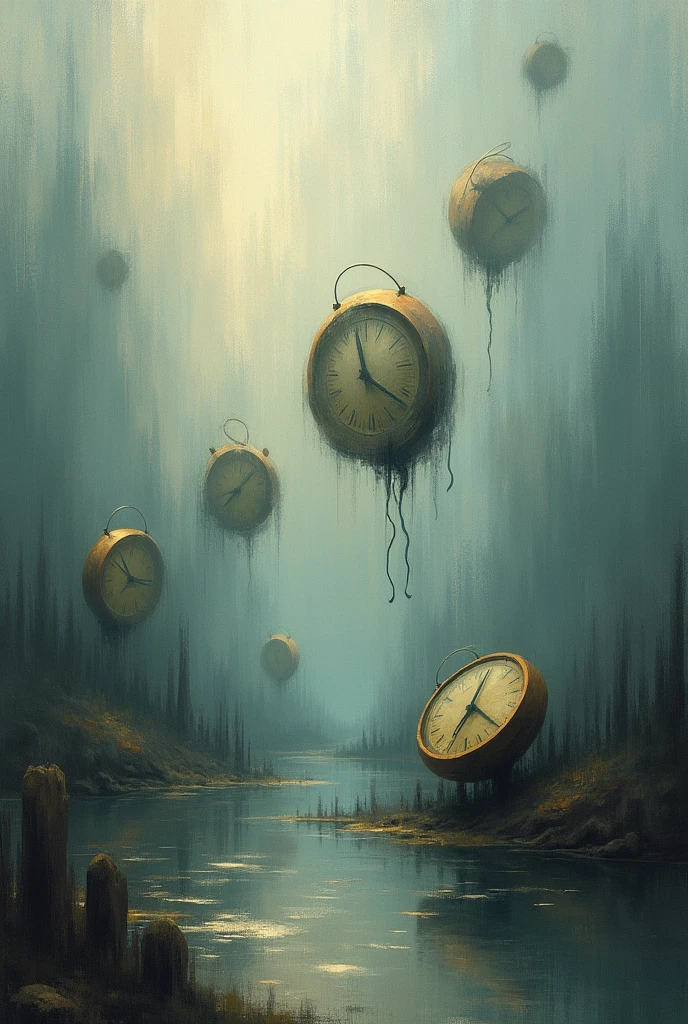 Generate me an image of distorted clocks in an abstract landscape with blurred colors that reflect internal emotions