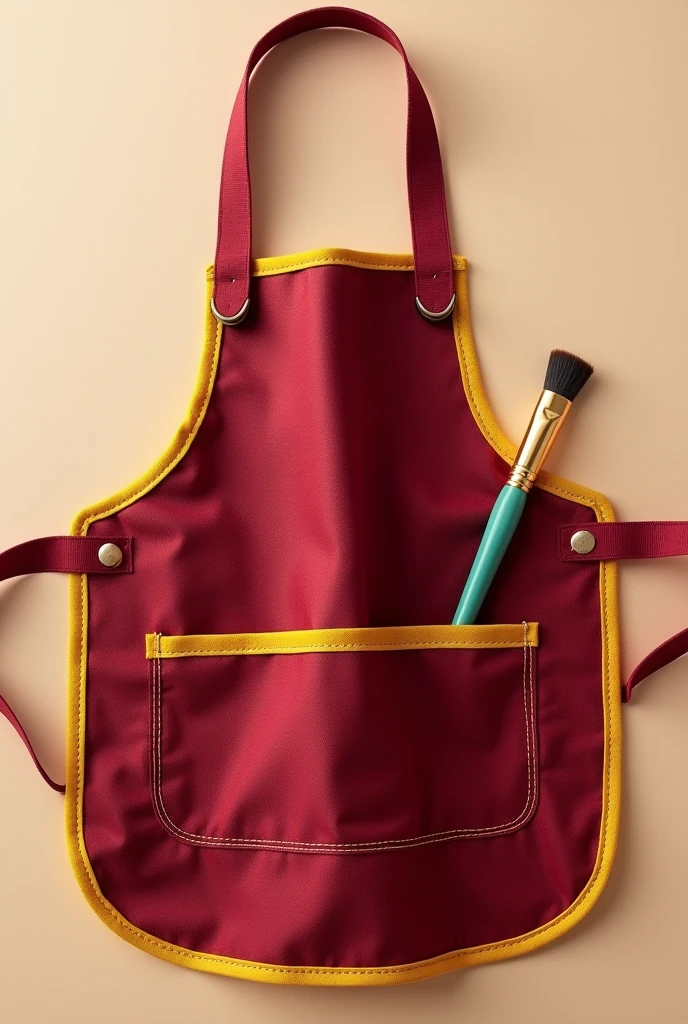 A maroon Apron Small kids art apron with a golden lining round it and a pocket at lower part with painting brush
photo.