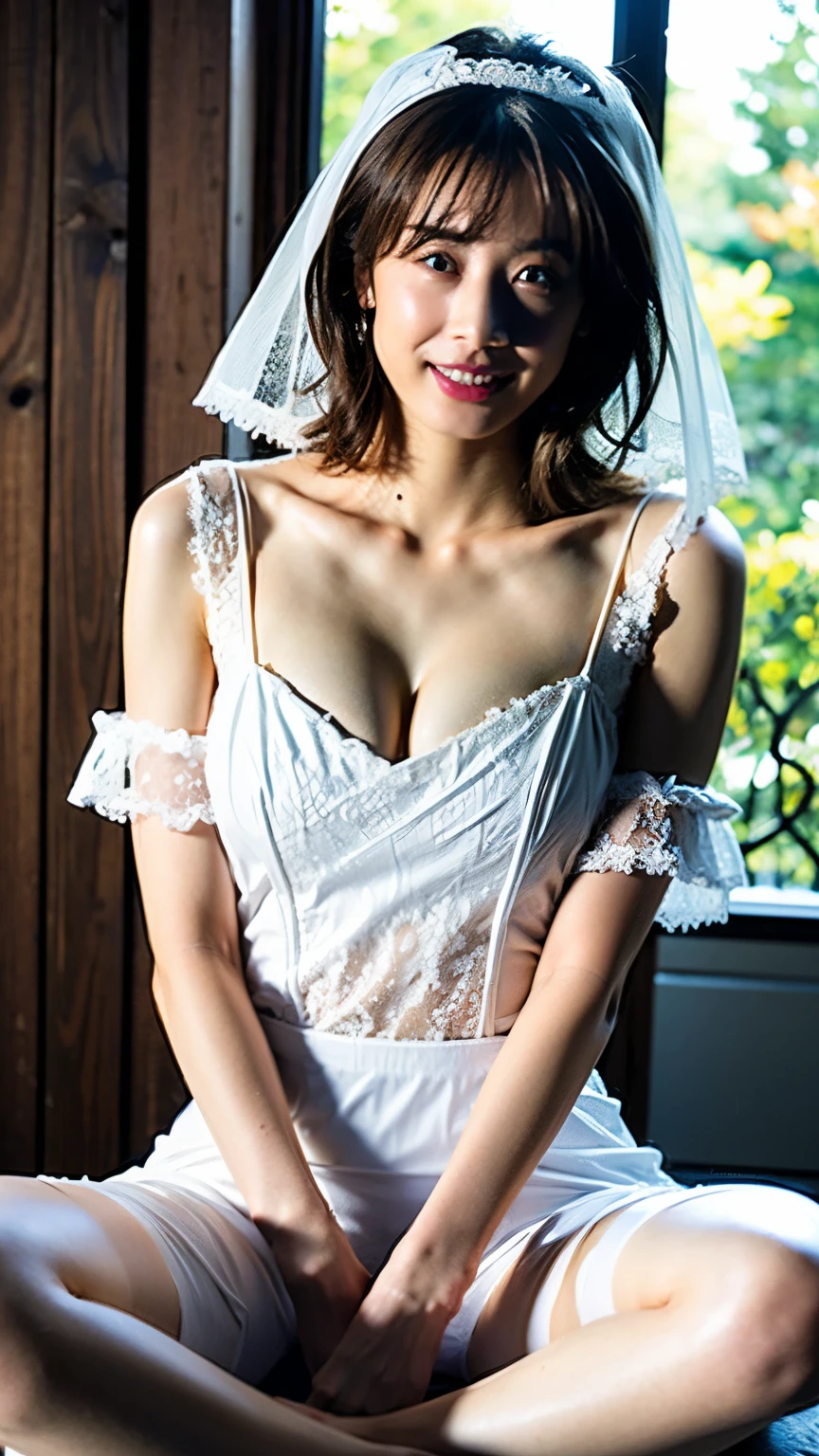 NSFW, ((highest quality)), ((8K)), ((masterpiece:1.3)), (be familiar with), perfect face, no underwear, hairy pussy,  ((japanese woman)), (Married woman), ((47 years old)), (( giant big big sagging breasts:1.5 )), banana tits,  large hips, slim waist (((Layering petticoat dress and underwear))), ((Silk petticoat dress)), (Transparent white petticoat dress:1.05), (white bra:1), (2 sets of shoulder straps), (Bunty), (wrinkles on the face:1.2), ((wrinkles at the corners of the eyes)), A slightl smile look, (lips slightly open), (Look diagonally forward to the left:1.3), (Long wavy hair), double upper eyelid, (whole body), Standing in doorway of bathroom, leaning against doorway, side boob, turned to the side, sticking out bottom, fabric draped over her hips, split material, breasts out, boob flopped out, boobs hanging down