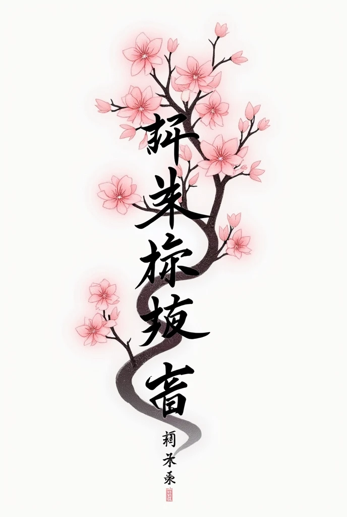 create a bracelet tattoo image containing a sakura tree and the kanji for love, peace, patience and dragon in black and white.