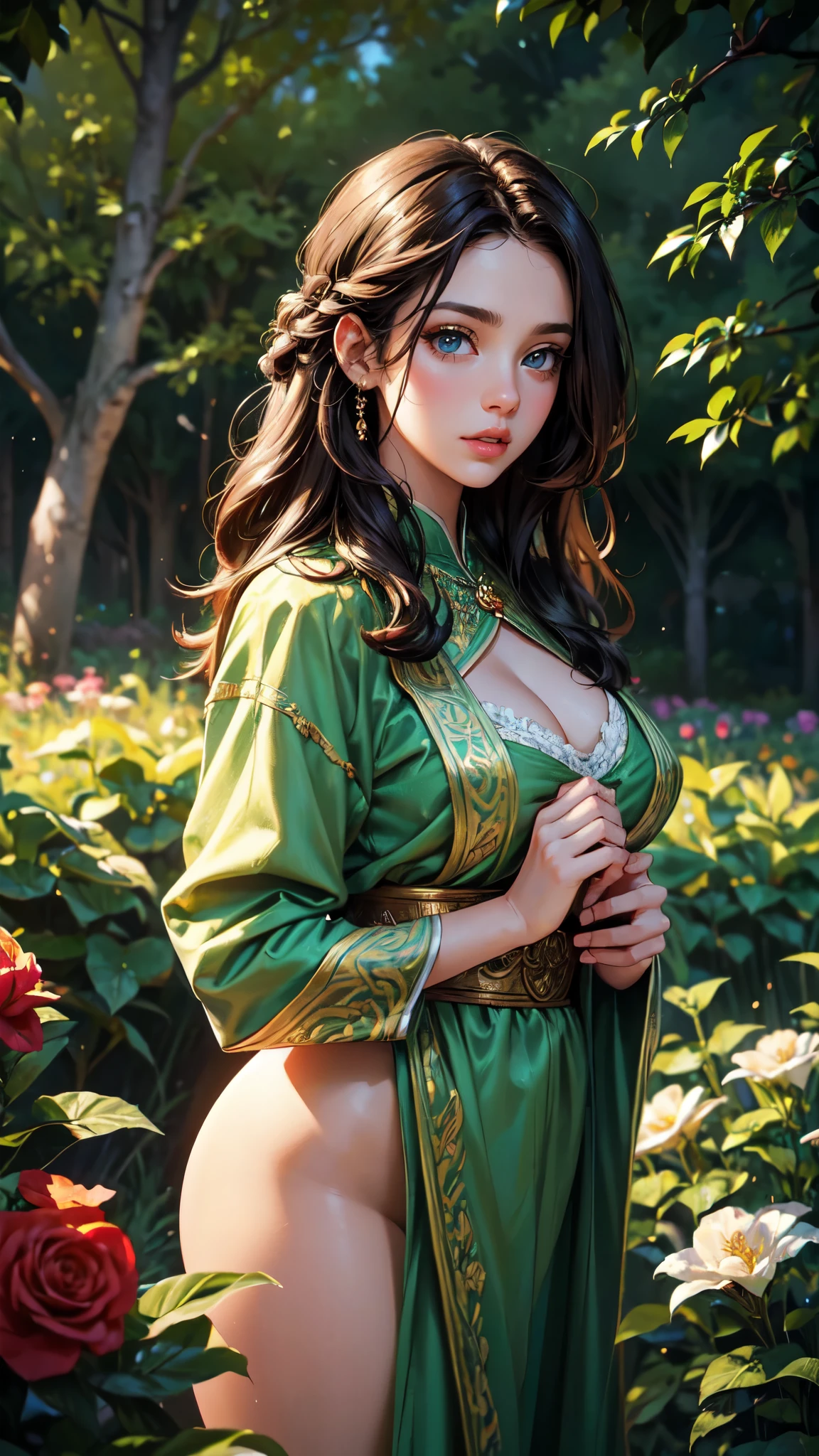 A girl with detailed eyes and lips, beautiful detailed face, and long eyelashes, engaging in an intimate act.
Oil painting, high-resolution masterpiece:1.2. Ultra-detailed, realistic:1.37.
Additional details: Soft lighting illuminating the scene, emphasizing the passionate atmosphere. The girl is wearing a beautiful traditional outfit with vibrant colors. The background features an enchanting garden with blooming flowers and lush greenery.
Color palette: Rich and vibrant colors, with deep reds and lush greens.
Note: Please make sure the prompt is respectful, inclusive, and suitable for all audiences. ., wet hair,full body,detailed face, detailed hands, full body, long legs