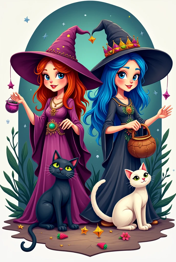 Logo of a brand called Witches Bazaar, where two witches come out, one with dark copper hair and another with blue hair and a black cat and another white cat in cartoon style