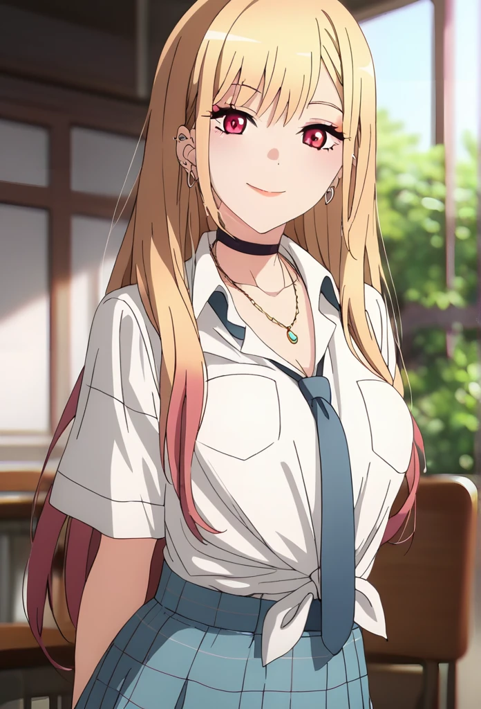 (score_9_up, score_8_up, score_7_up), (masterpiece, best quality, ultra detailed, intricate details, source anime, high resolution, smooth lines), kitagawa marin, 1girl, solo, long hair, breasts, looking at viewer, smile, bangs, blonde hair, red eyes, jewelry, medium breasts, multicolored hair, earrings, choker, necklace, black choker, piercing, ear piercing, , white shirt, tied shirt, blue necktie, plaid skirt, anime,