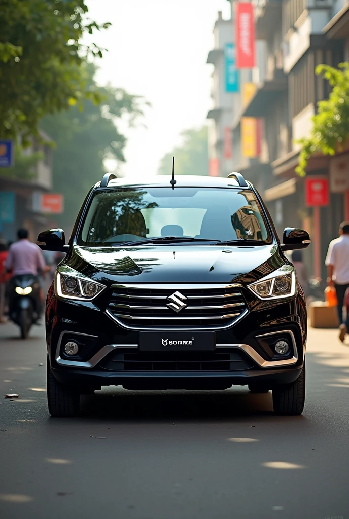 (photorealism:1.2), full Suzuki ertiga 2023 model Black glossy in india