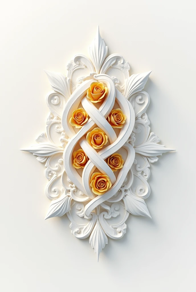 Logo 
A white rough background with white horizontal cornices on it that are interlaced and reveal a few 3D gold roses from the cornice