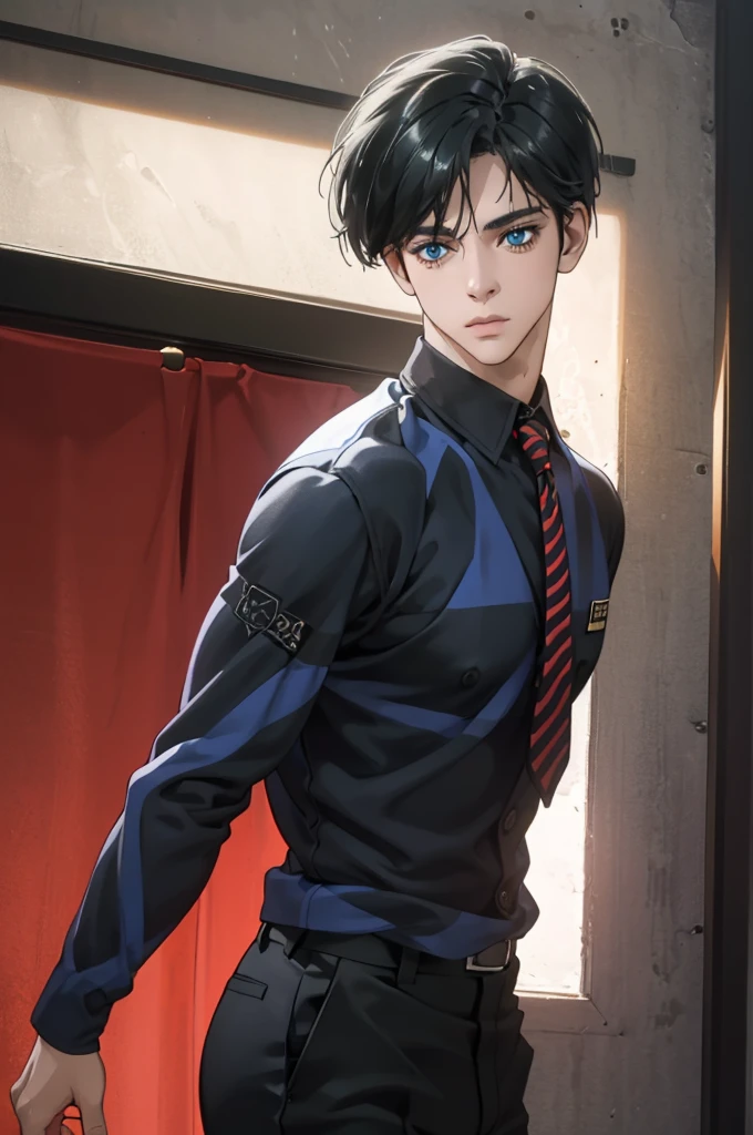 a anime boy with black hair and blue eyes, tall, fantasy, medieval European, in school, wearing a matching black shirt and trousers, with a maroon-and-gold striped tie, (best quality,4k,8k,highres,masterpiece:1.2),ultra-detailed,(realistic,photorealistic,photo-realistic:1.37),concept art,highly detailed facial features,intricate uniform details,dramatic lighting,vibrant colors,cinematic composition