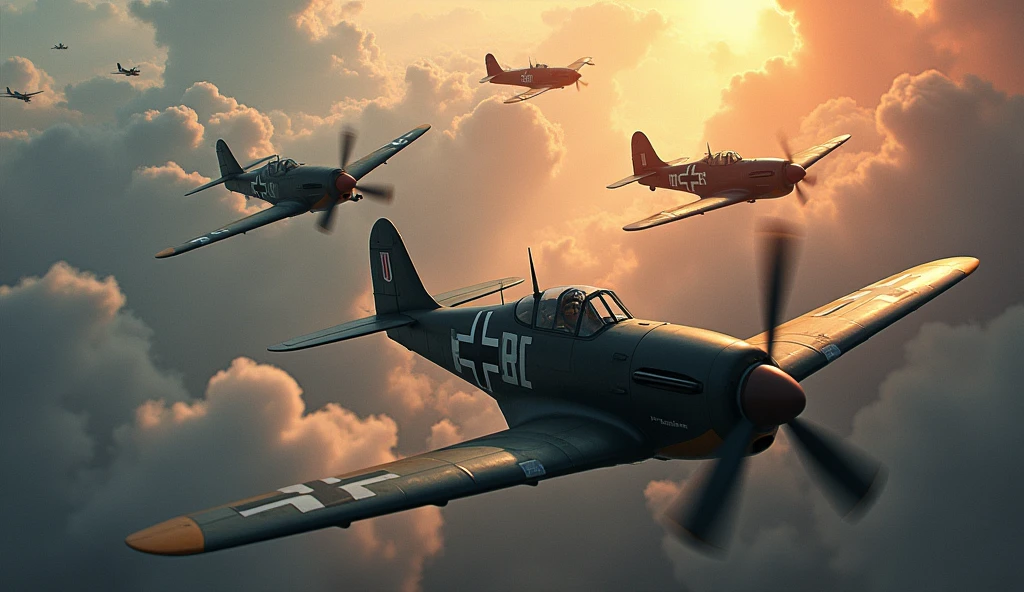 1500; (masterpiece, best quality) destroyed sky; battle in the air; war planes of 1940; Republic Messerschmitt Bf 109 x Vought F4U/FG Corsair
