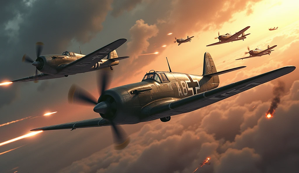 1500; (masterpiece, best quality) destroyed sky; battle in the air; war planes of 1940; Republic Messerschmitt Bf 109 x Vought F4U/FG Corsair
