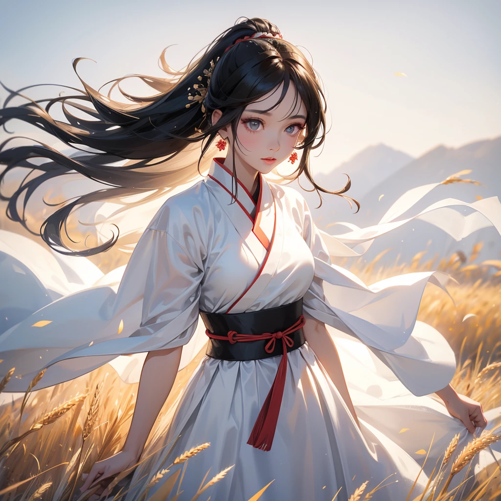 A black hair beautiful female in white hanfu dress , Standing in the middle of a wheat field,close up.