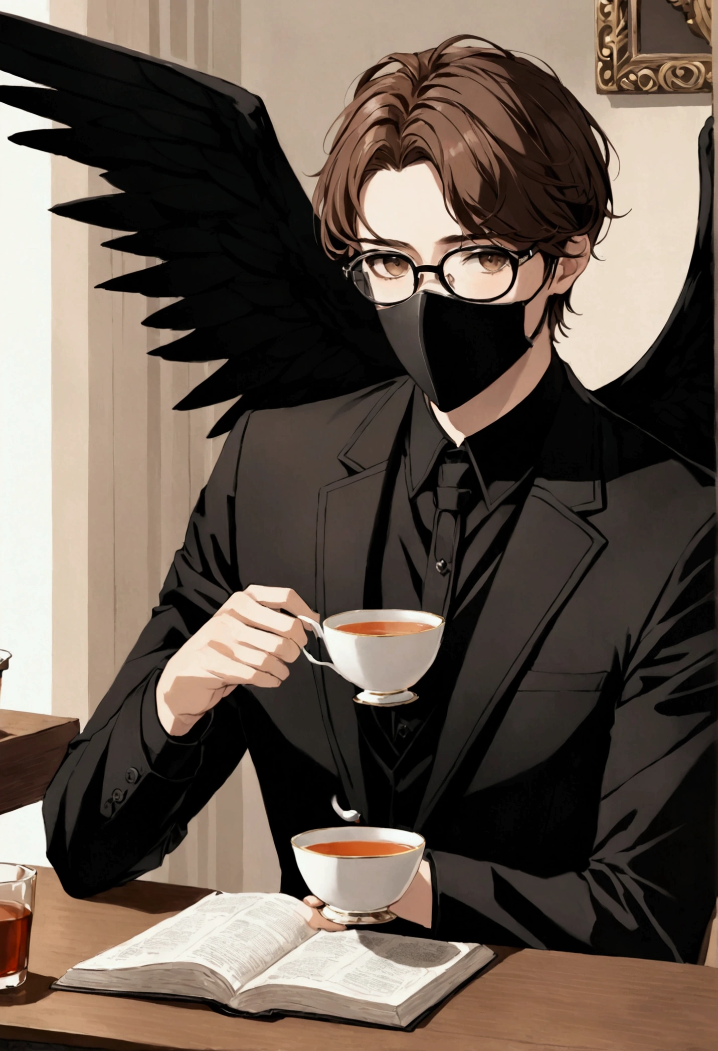 boy, , brown hair, Brown eyes, black glasses for vision, black mask, black clothes, black wings, sitting at the desk, drinks tea