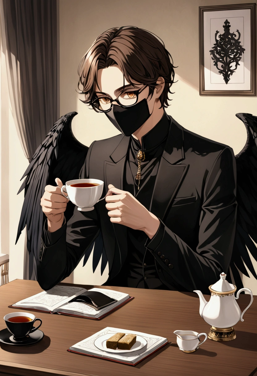 boy, , brown hair, Brown eyes, black glasses for vision, black mask, black clothes, black wings, sitting at the desk, drinks tea
