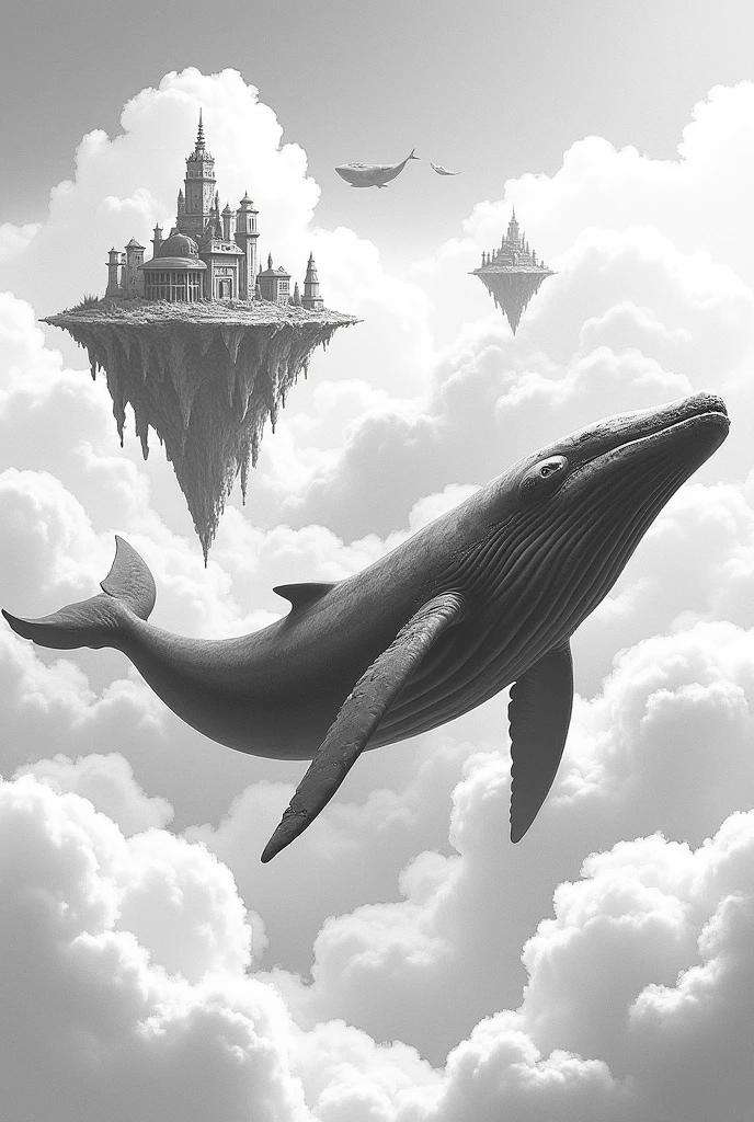 create a drawing, in A4 paper size, of a fantastic world, with whales in the sky full of clouds with floating islands with ancient buildings, black and white drawing style 