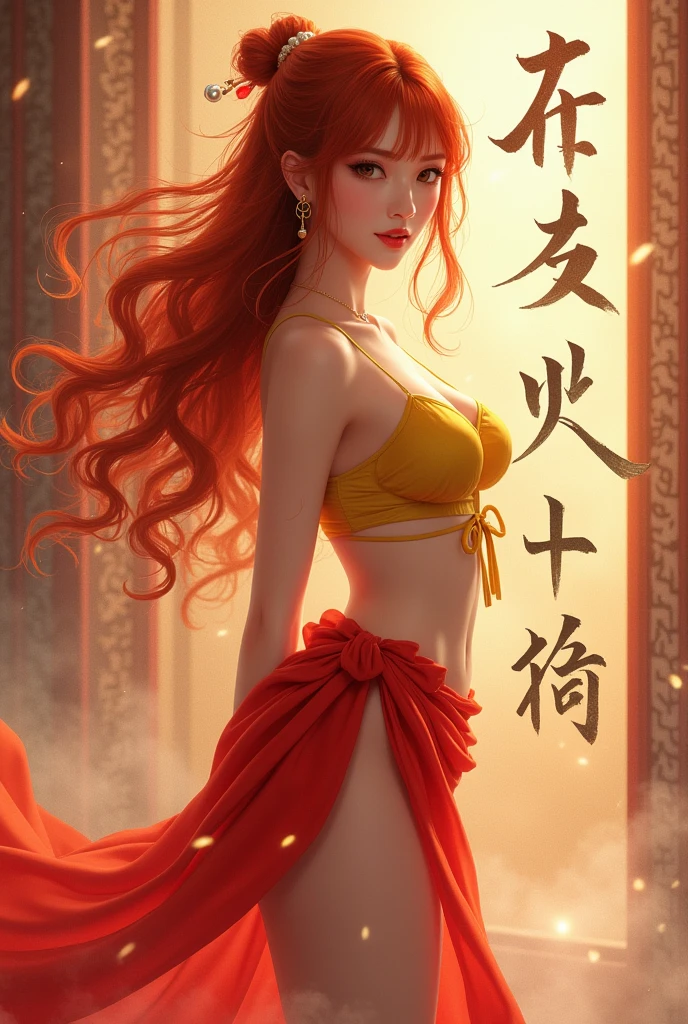 A Chinese legend. Redhead with long wavy and slightly curly hair with bangs, brown eyes, sensual mouth, big pointed breasts, flat and smooth belly, medium perky butt, thick legs in a beautiful square with a libda font, she wearing a beautiful short red satin skirt and a yellow touch tied at the back, leaving her breasts a little visible, a beautiful sensual pose.