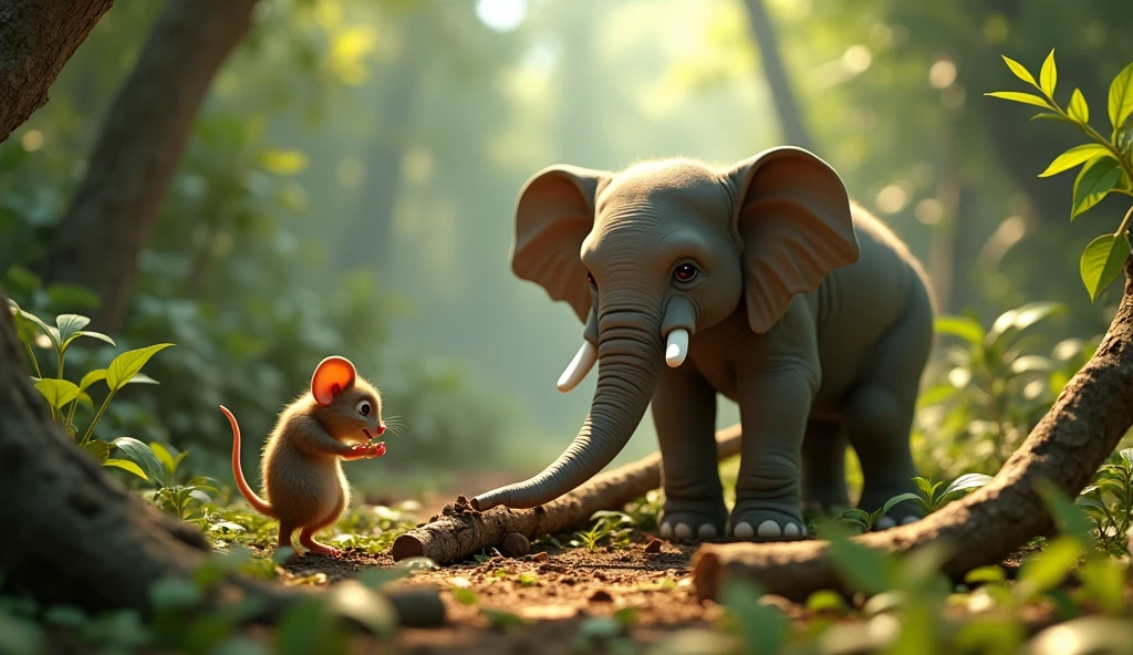 In 3d cinematic style "Mouse Chiku and young elephant Mohan working together to restore the jungle—Chiku arranging branches and Mohan lifting heavy broken trees.