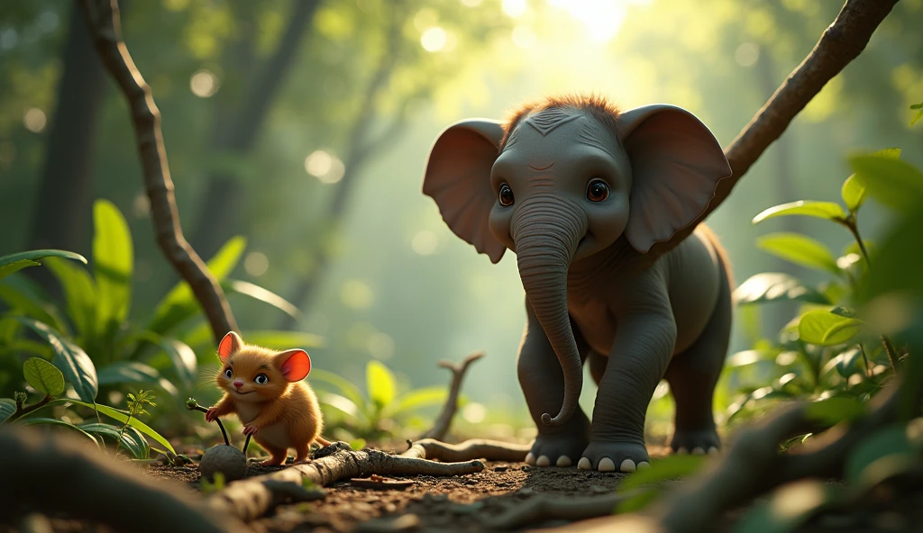 In 3d cinematic style "Mouse Chiku and young elephant Mohan working together to restore the jungle—Chiku arranging branches and Mohan lifting heavy broken trees. 