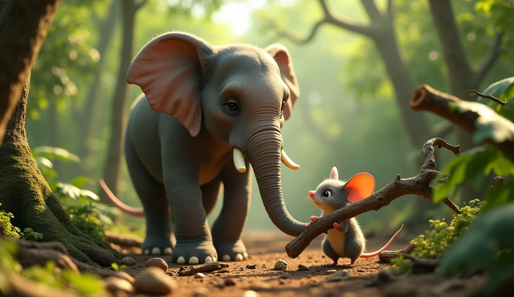 In 3d cinematic style "Mouse Chiku and young elephant Mohan working together to restore the jungle—Chiku arranging branches and Mohan lifting heavy broken trees.
