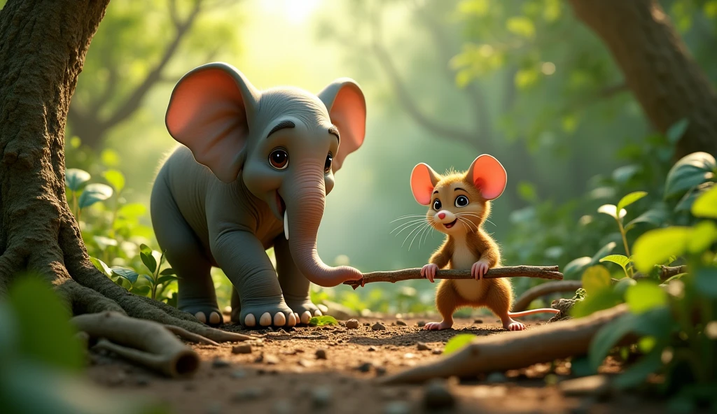 In 3d cinematic style "Mouse Chiku and young elephant Mohan working together to restore the jungle—Chiku arranging branches and Mohan lifting heavy broken trees. 