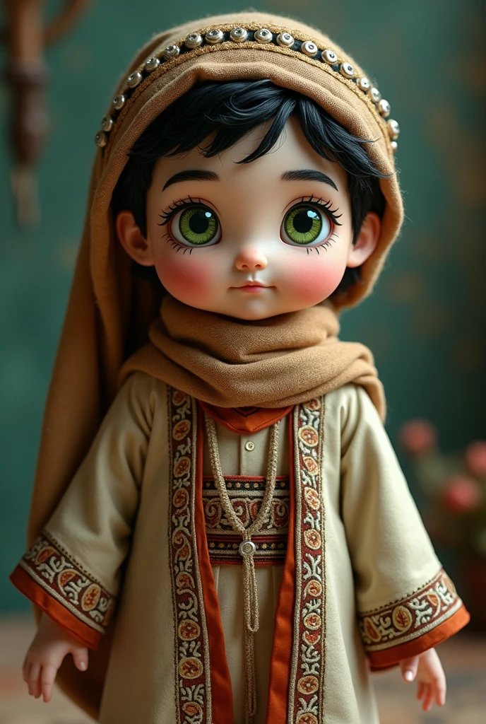 Rag doll boy with green eyes, light skin, wearing an Arab costume and thick eyebrows